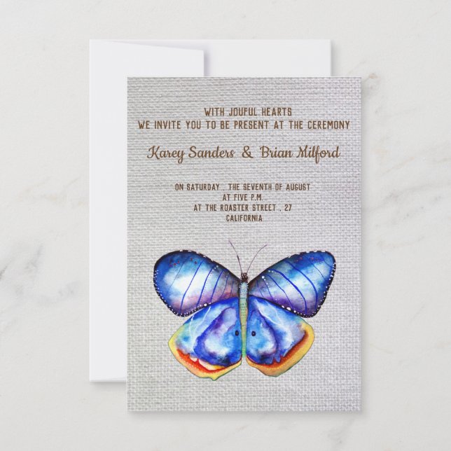 Invitación a la boda de lienzo de mariposa azul (Reverso)