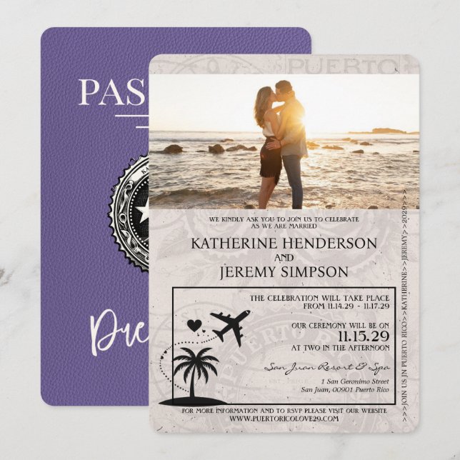 Invitación a la boda de Lilac Puerto Rico Passport (Anverso / Reverso)