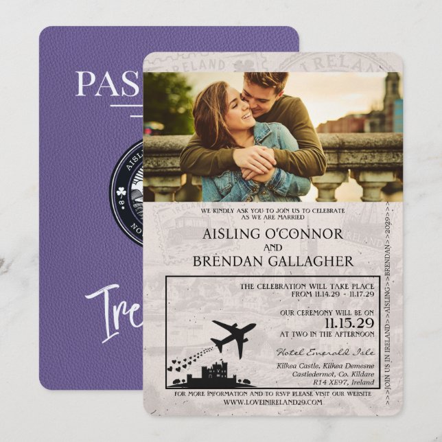 Invitación a la boda de Lilac Purple Ireland Passp (Anverso / Reverso)