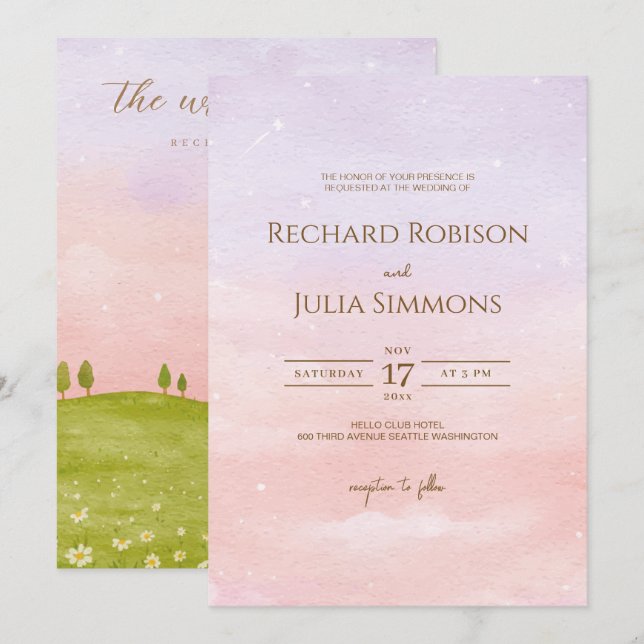 Invitación a la boda de LILAC / Púrpura acuarela (Anverso / Reverso)