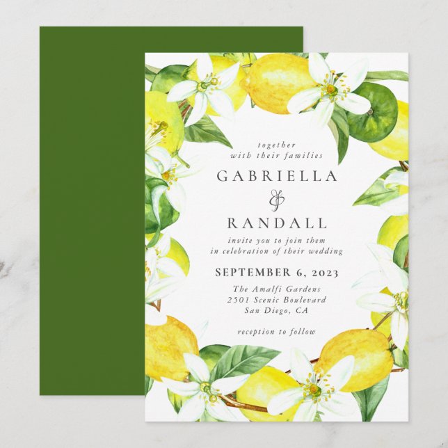 Invitación a la boda de limón acuarela moderna (Anverso / Reverso)