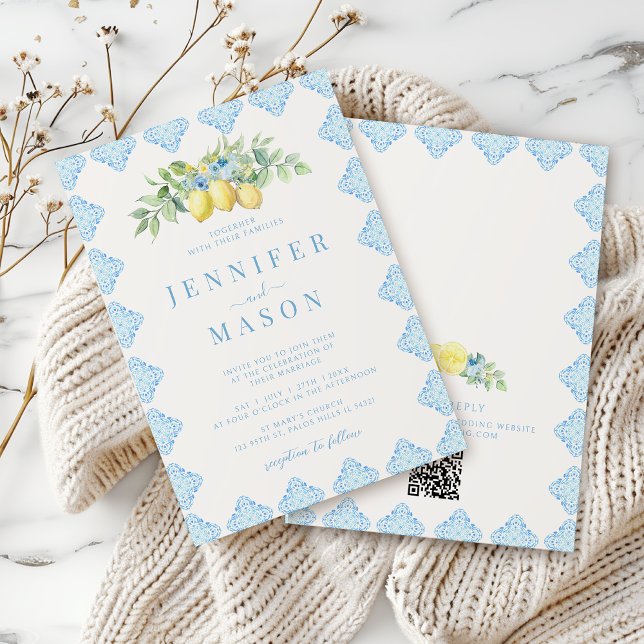 Invitación a la boda de limón con azulejos azules  (Subido por el creador)