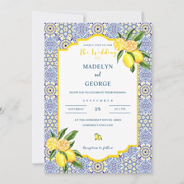 Invitación a la boda de limón mediterráneo (Anverso)