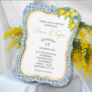 Invitación a la boda de limón y azules mediterráne