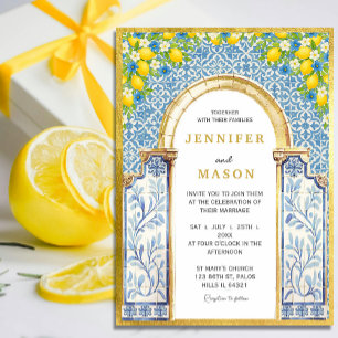 Invitación a la boda de limón y azules mediterráne