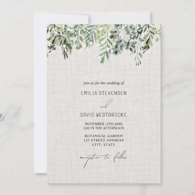 Invitación a la boda de Linen Greenery (Anverso)