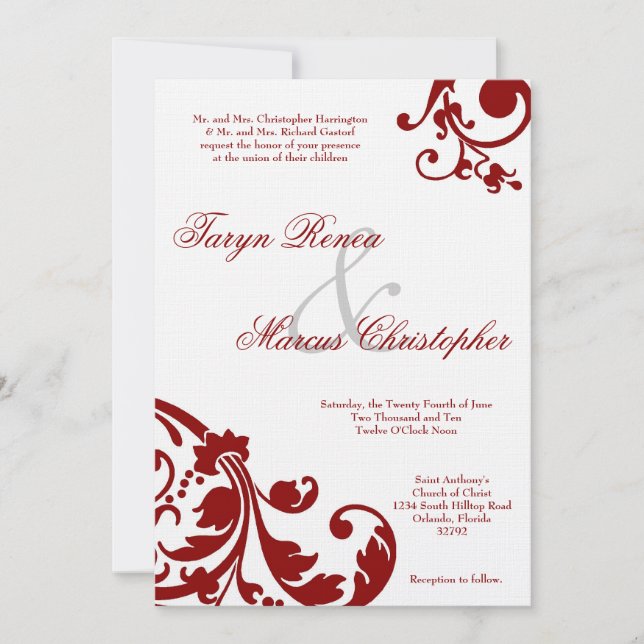 Invitación a la boda de lino rojo con flores las 5 (Anverso)