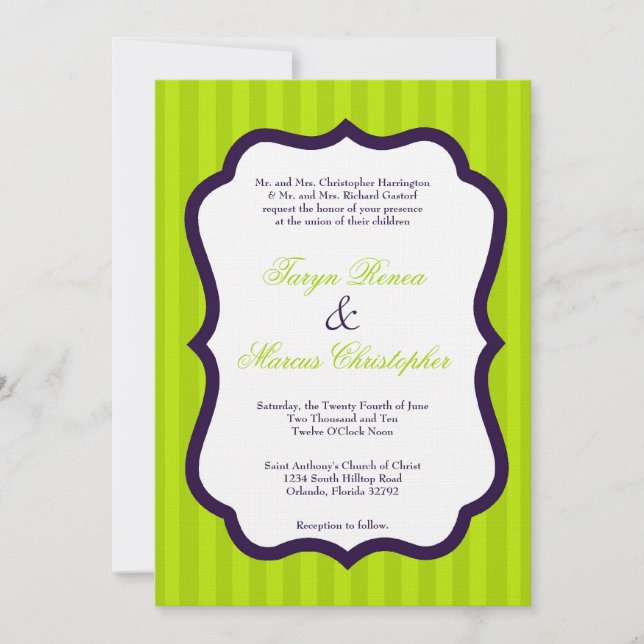 Invitación a la boda de lino verde y púrpura de 5  (Anverso)