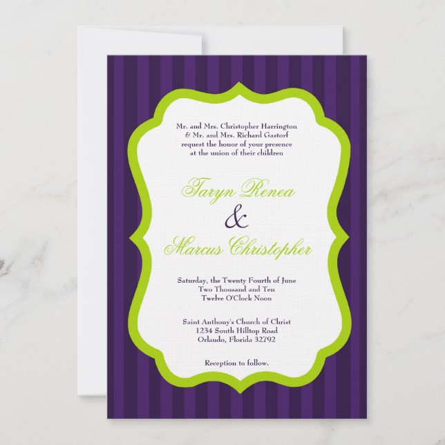 Invitación a la boda de lino verde y púrpura de 5  (Anverso)