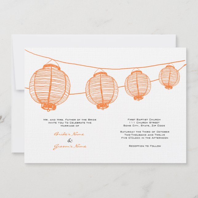 Invitación a la boda de linternas blancas y Naranj (Anverso)