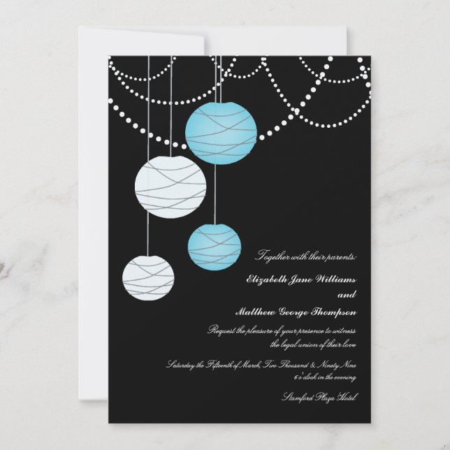 Invitación a la boda de linternas de papel azul Aq (Anverso)