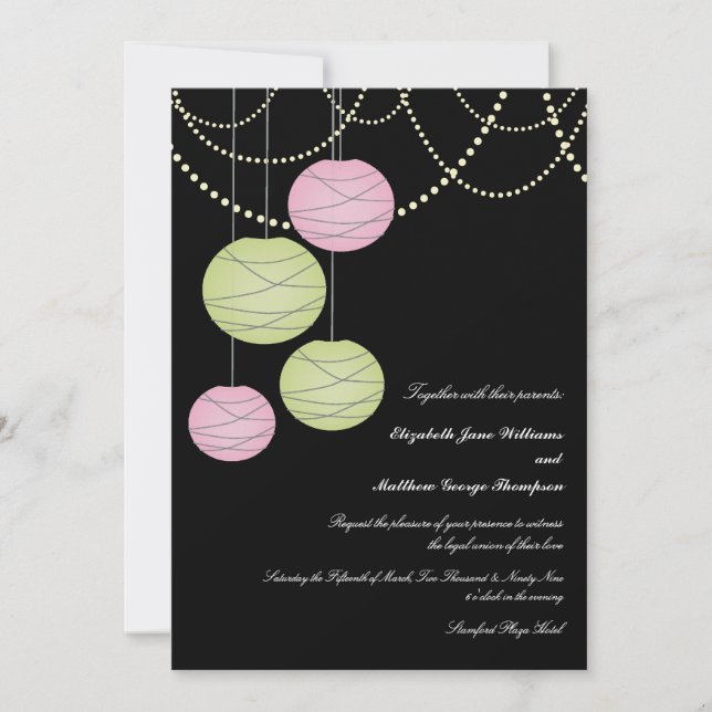 Invitación a la boda de linternas de papel rosa y  (Anverso)