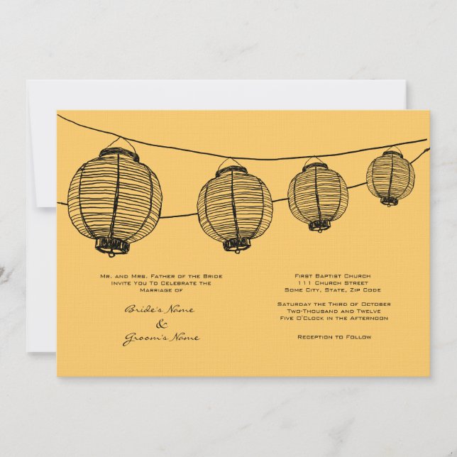 Invitación a la boda de linternas negras y amarill (Anverso)