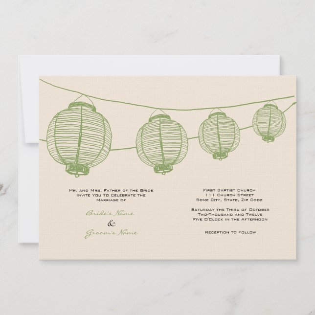 Invitación a la boda de linternas verdes y crema (Anverso)