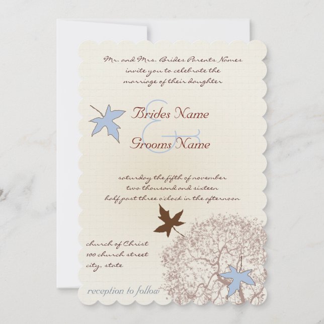 Invitación a la boda de los árboles azules y marro (Reverso)