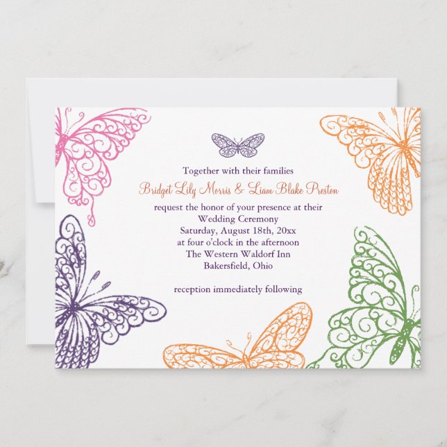 Invitación a la boda de los besos de mariposa púrp (Anverso)