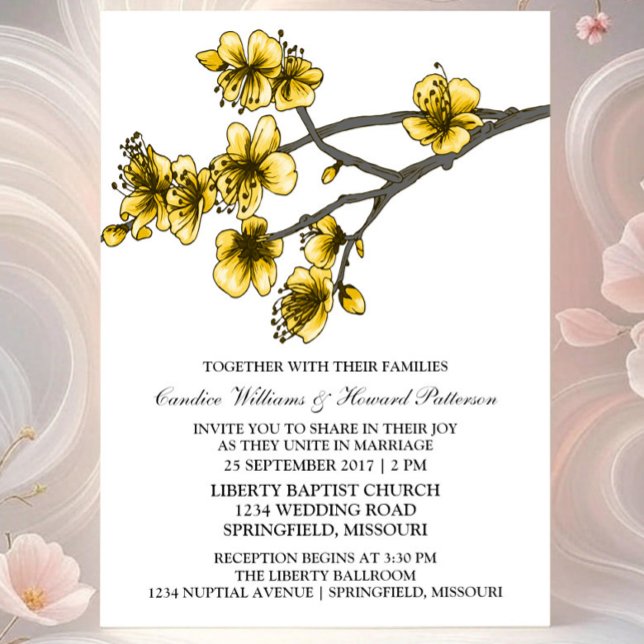 Invitación a la boda de los cerezos simples amaril (Yellow Simple Cherry Blossom Wedding Invite)