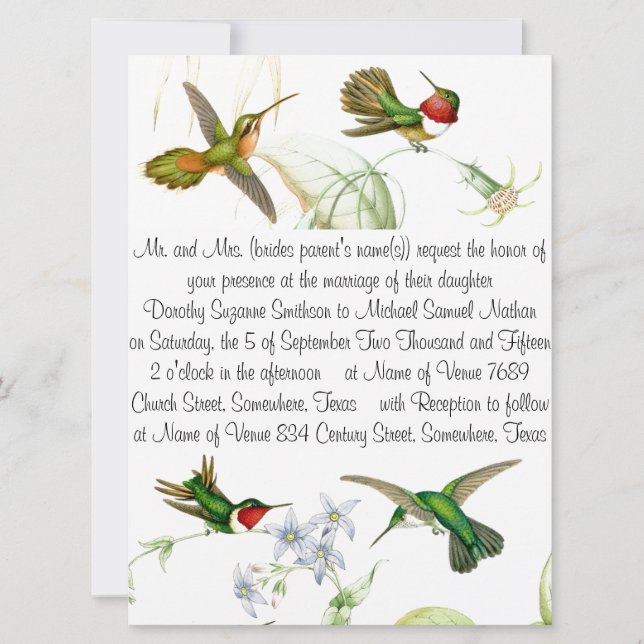 Invitación a la boda de los colibríes y flores (Anverso)