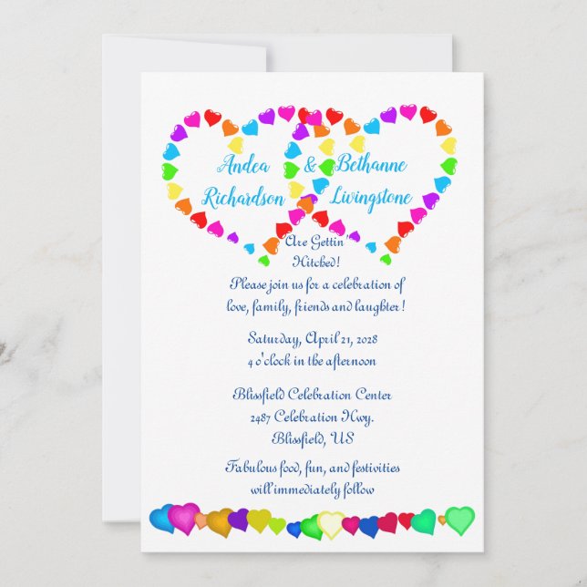 Invitación a la boda de los corazones arcoiris (Anverso)