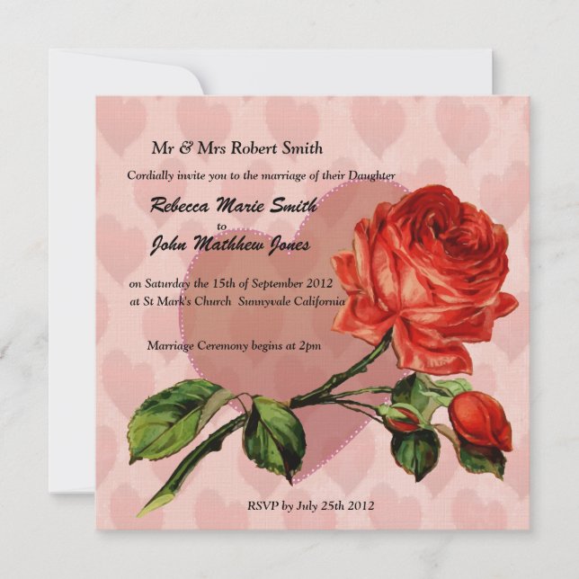 Invitación a la boda de los corazones rojos de Lin (Anverso)