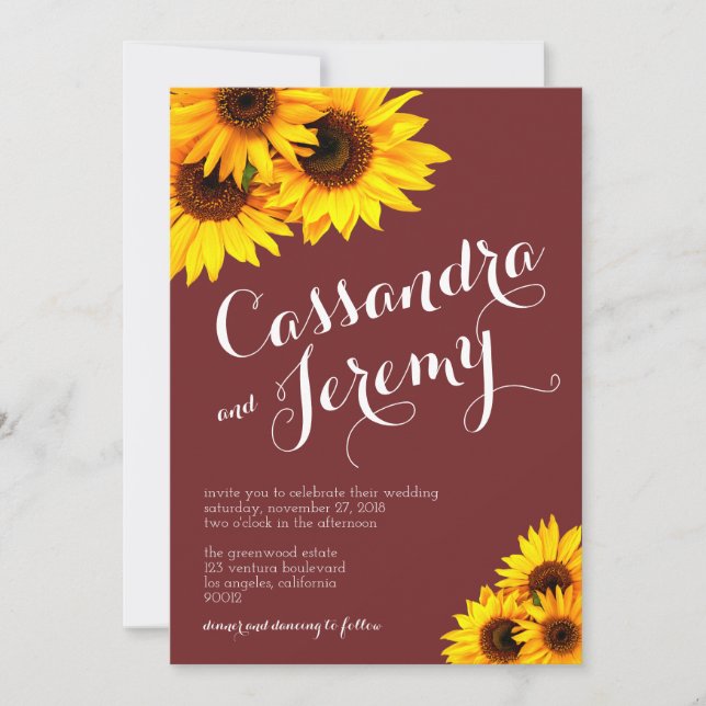 Invitación a la boda de los girasoles borgoñosos y (Anverso)