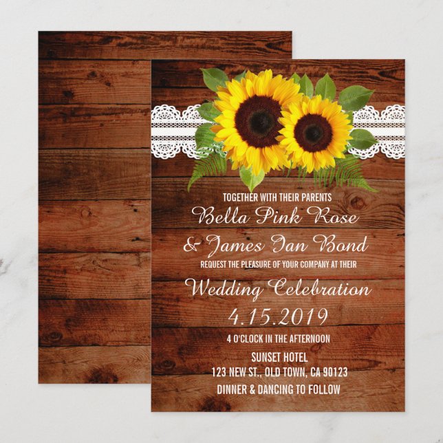 Invitación a la boda de los girasoles de encaje rú (Anverso / Reverso)