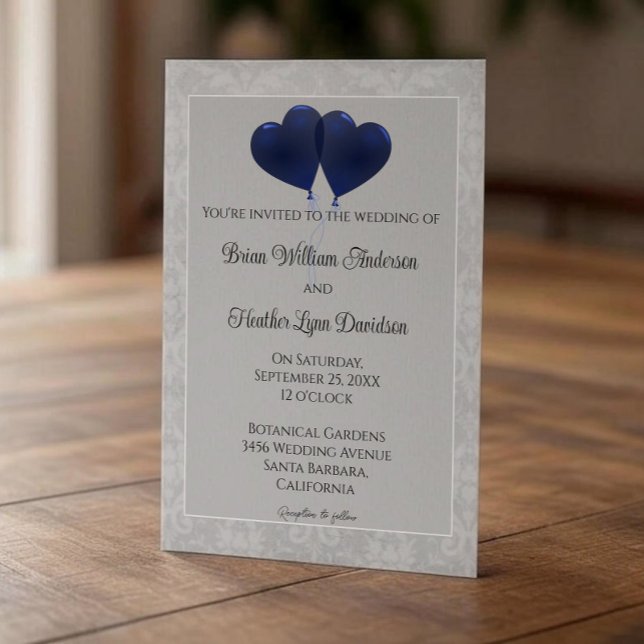 Invitación a la boda de los globos del corazón azu (Blue Heart Balloons Wedding Invitation)