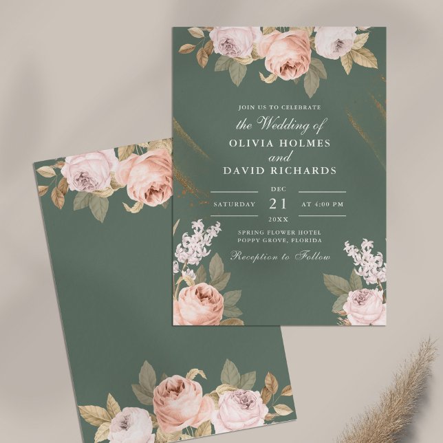 Invitación a la boda de los jóvenes bohemios de co (Bohemian Sage Green Peonies Wedding Invitation on table)