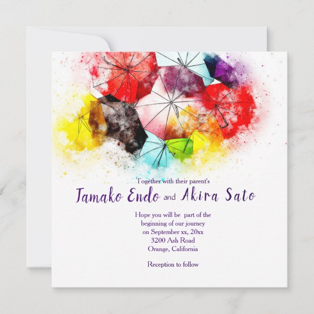 Invitación a la boda de los paraguas coloridos (Anverso)