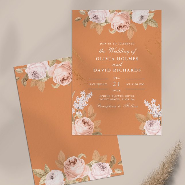 Invitación a la boda de los peoneses de los Aprico (Bohemian Apricot Peonies Wedding Invitation on neutral table)