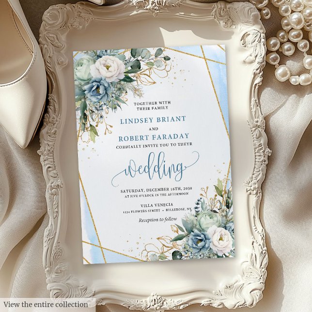 Invitación a la boda de los peoneses de oro azul P (Modern Pastel Blue Gold Peonies Wedding Invitation)