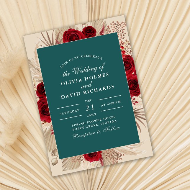 Invitación a la boda de los Rosas Boho Verde azula (Teal Burgundy Roses Wedding Invitation on dry palm leaf.)