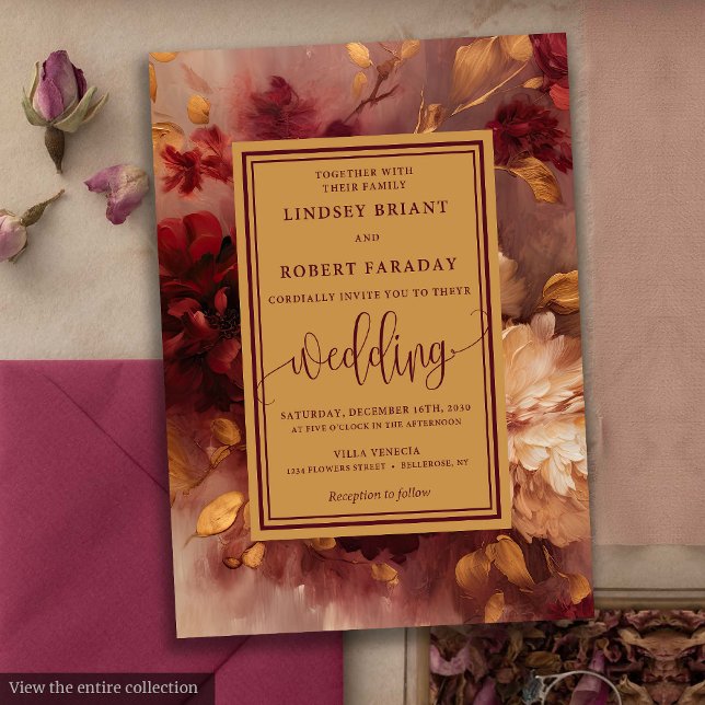 Invitación a la boda de los Rosas de oro rojos y l (Rustic Lux Deep Red Gold Roses Wedding Invitation)