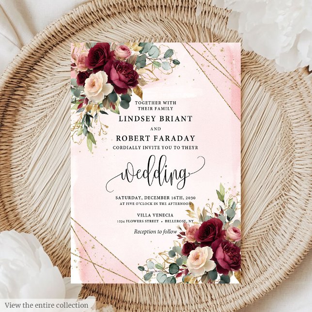 Invitación a la boda de los Rosas rusos de Rubor d (Rustic Boho Maroon Gold Blush Roses Wedding Invitation)