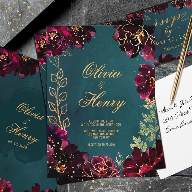 Invitación a la boda de los tonos de joyas de burd (Teal Bordeaux Jewel Tones 
Wedding Invitation. RSVP sold separately. Matching envelope available.)