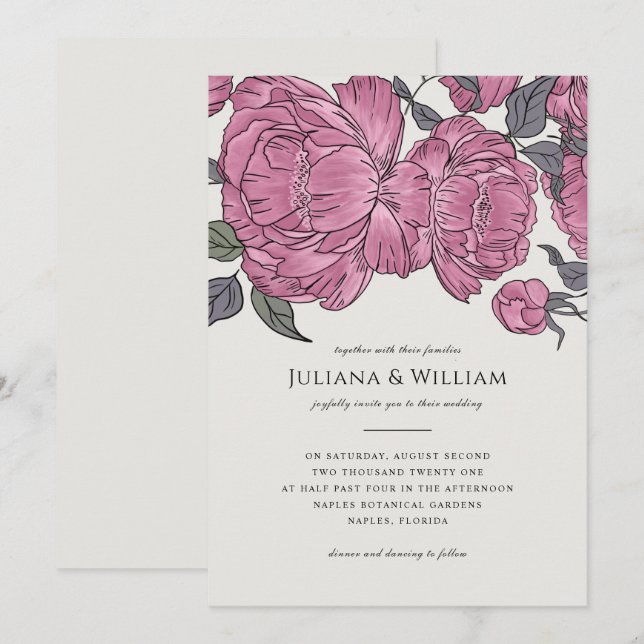 Invitación a la boda de los vintage Peonies (Anverso / Reverso)