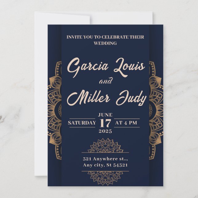 invitación a la boda de lujo azul marino y oro (Anverso)