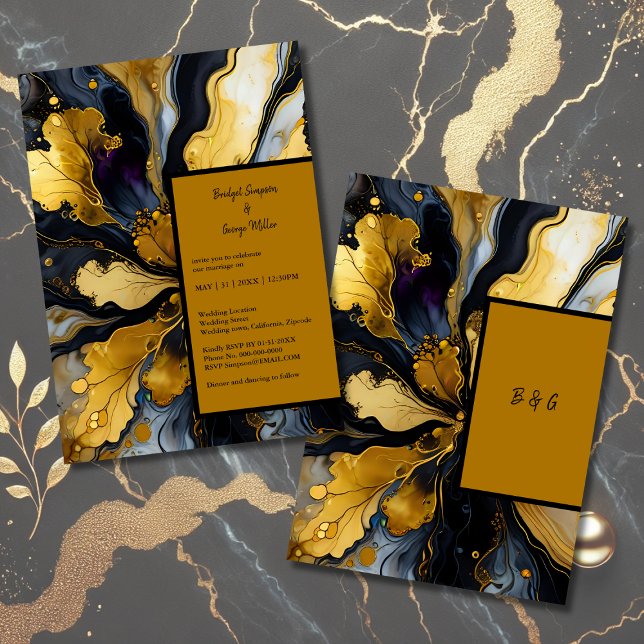 invitación a la boda de lujo de mármol oro negro (Subido por el creador)