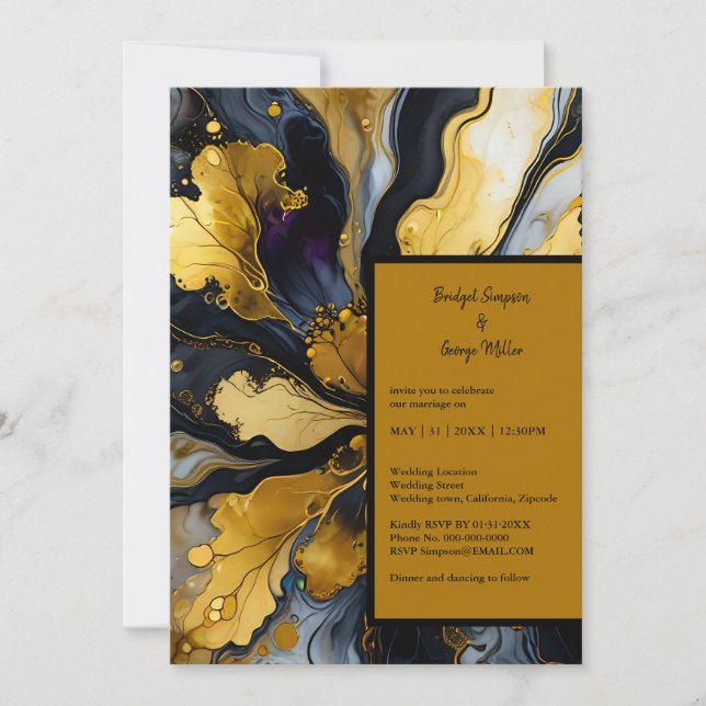 invitación a la boda de lujo de mármol oro negro (Anverso)