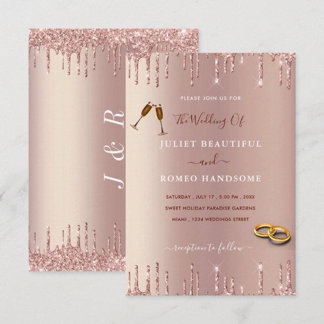 Invitación a la boda de lujo de Rubor Gold Drips R (Anverso / Reverso)