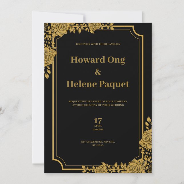 Invitación a la boda de lujo en negro y oro (Anverso)