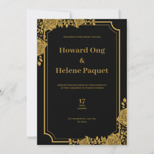 Invitación a la boda de lujo en negro y oro