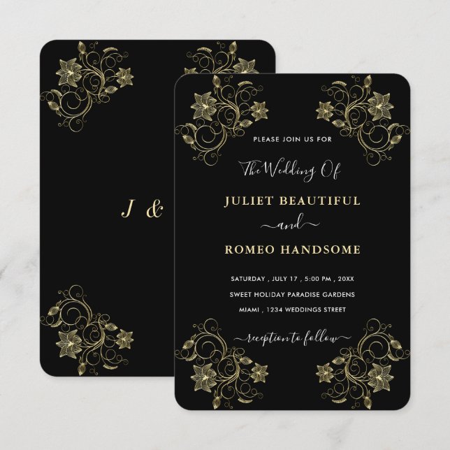 Invitación a la Boda de Lujo Negra con Flores (Anverso / Reverso)