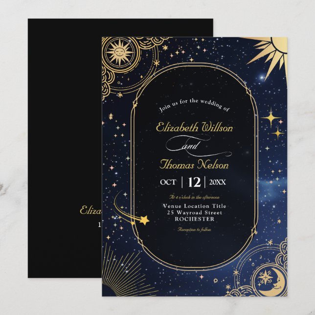 Invitación a la boda de luna y sol celestial (Anverso / Reverso)