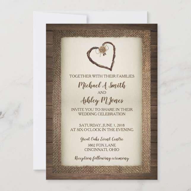 Invitación a la Boda de Madera, Burlap y Twine Hea (Anverso)