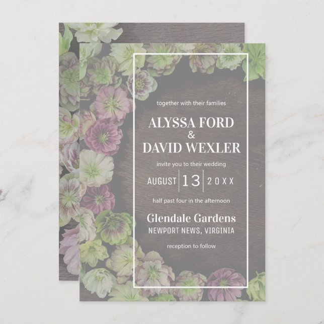Invitación a la boda de madera de Hellebore Garden (Anverso / Reverso)