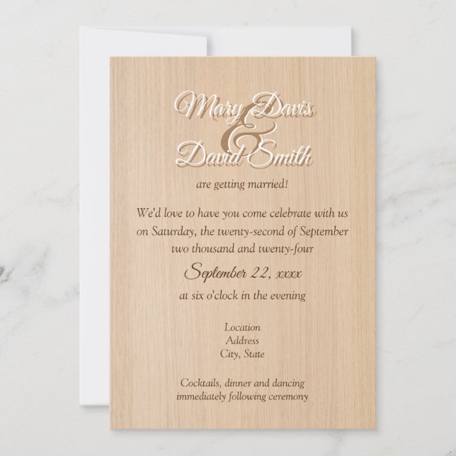 Invitación a la boda de madera de pino claro (Anverso)
