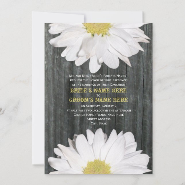 Invitación a la boda de madera de pino y margarita (Anverso)