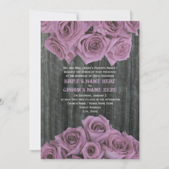 Invitación a la boda de madera de pino y rosas ros (Anverso)