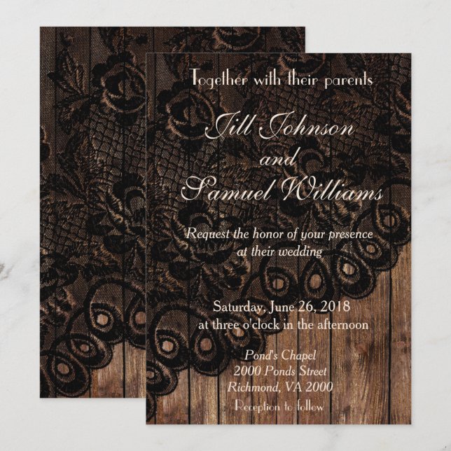Invitación a la boda de madera marrón y encaje fal (Anverso / Reverso)
